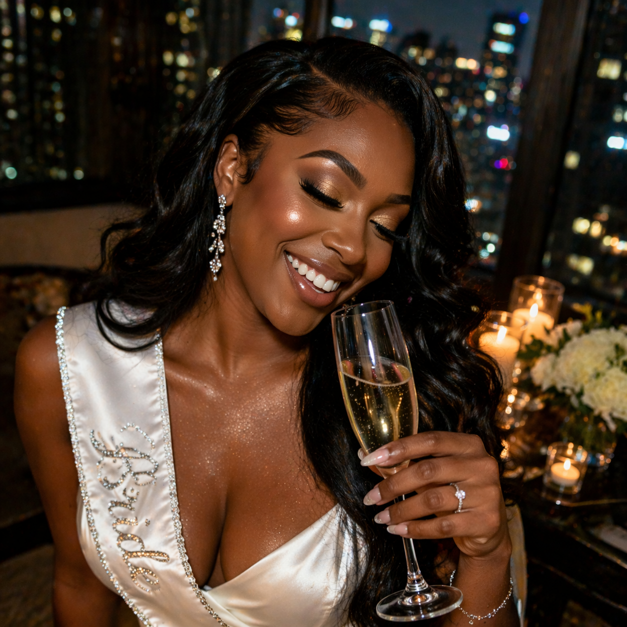Confident bride-to-be laughing with friends during a private Chicago weekend celebration