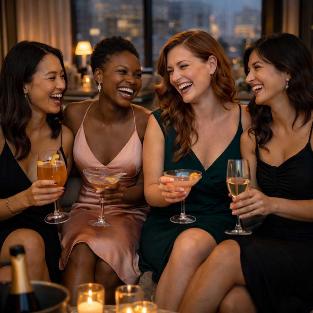 Stylish bachelorette group celebrating in a luxury Chicago hotel suite with skyline views
