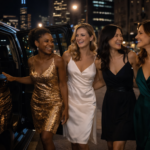 Confident bride-to-be relaxing with friends in a glamorous Chicago suite before dinner plans
