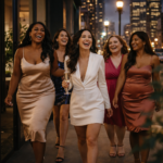 Luxury group of women arriving at an upscale private Chicago venue for a night out celebration