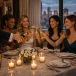 Stylish bride-to-be celebrating in a luxury Chicago hotel suite with friends and champagne