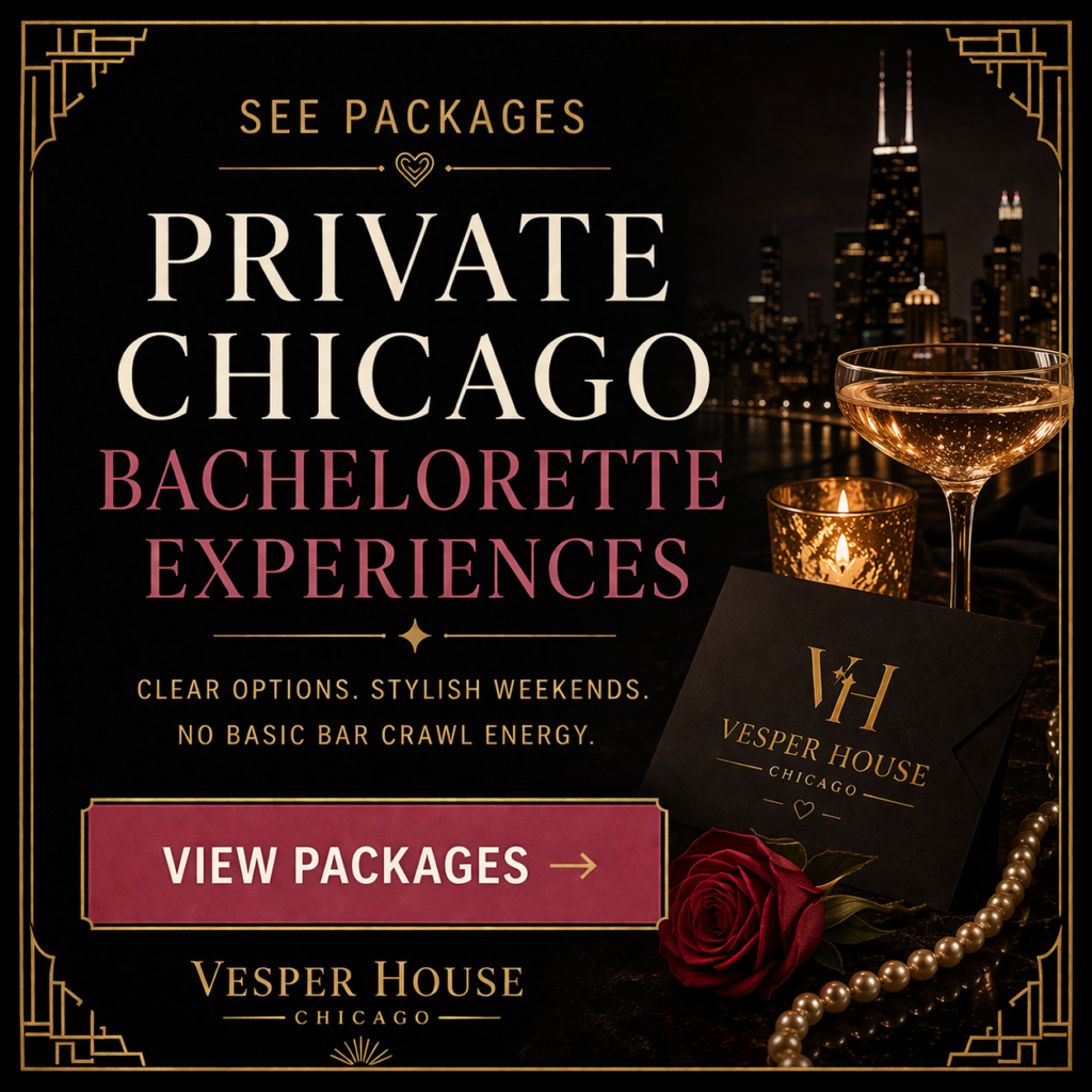 Vesper House Chicago footer graphic promoting private Chicago bachelorette packages with elegant cocktail styling and stylish weekend celebration options.
